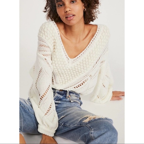 Free People Sweaters - Free People Ivory Cream Open Knit Billow Balloon Sleeve Crochet Sweater Size L